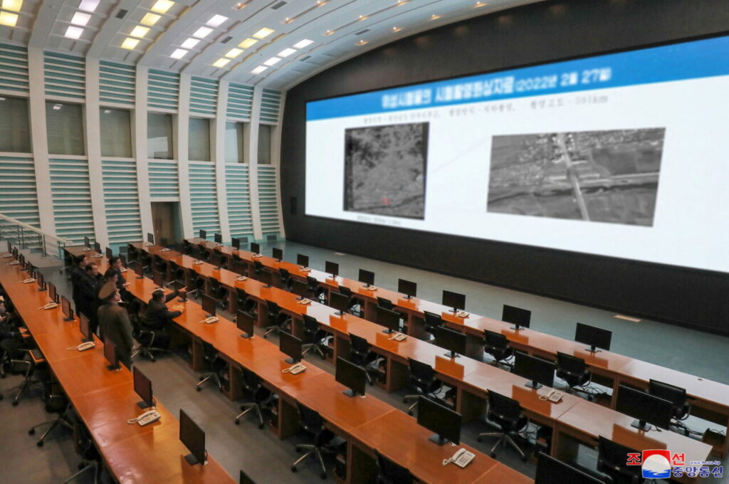 North Korean leader Kim Jong Un inspects North Korea's National Aerospace Development Administration after recent satellite system tests, in Pyongyang