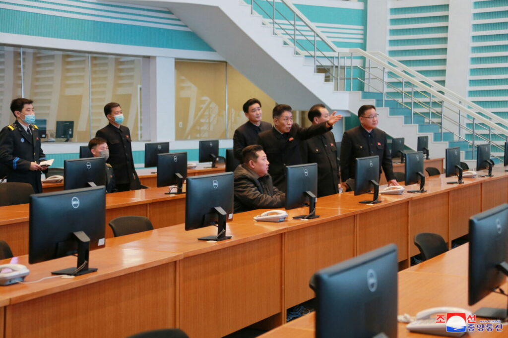 North Korean leader Kim Jong Un inspects North Korea's National Aerospace Development Administration after recent satellite system tests, in Pyongyang