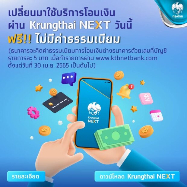 กรุงไทย'แจ้งคิดค่าโอนเงินต่างธนาคาร แต่ผ่านแอพ​ 'Krungthai Next'ฟรี |  เดลินิวส์