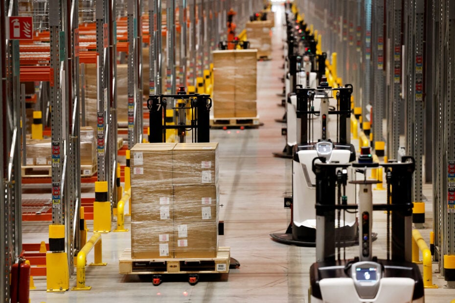 Autonomous guided vehicles are seen at Primark's warehouse in Roosendaal