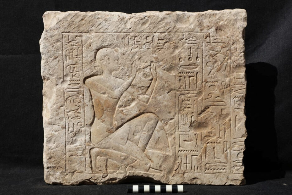 Engraved stone uncovered after excavation work by ISAW at the temple of Ramesses II in Abydos
