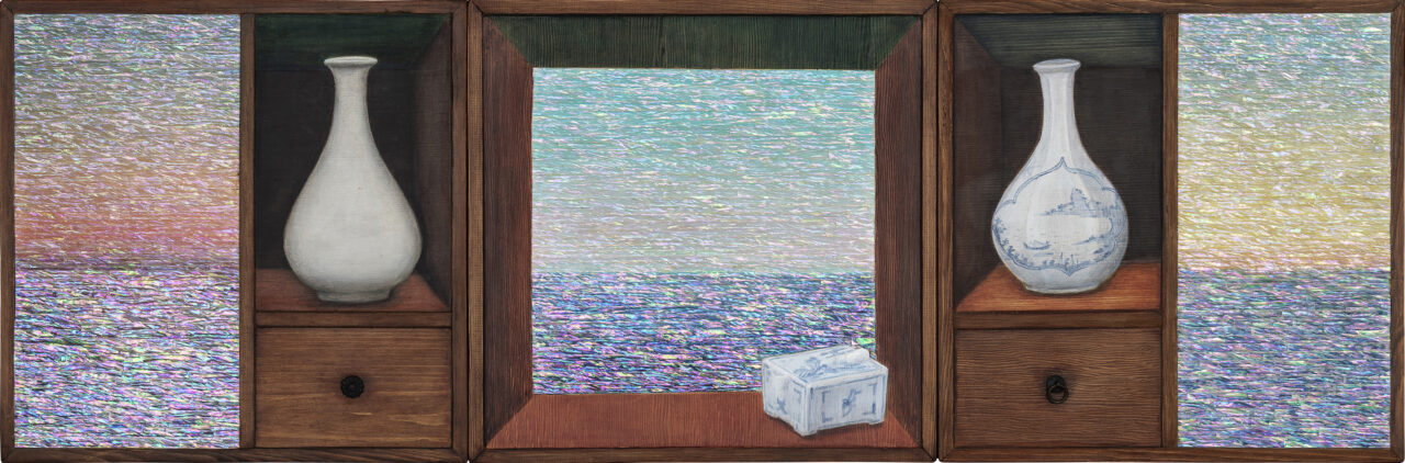 Obscura_Duck Yong Kim, Auspicious Scenery, 2024, Mother of Pearl and mixed media on wood, Each 50x50cm