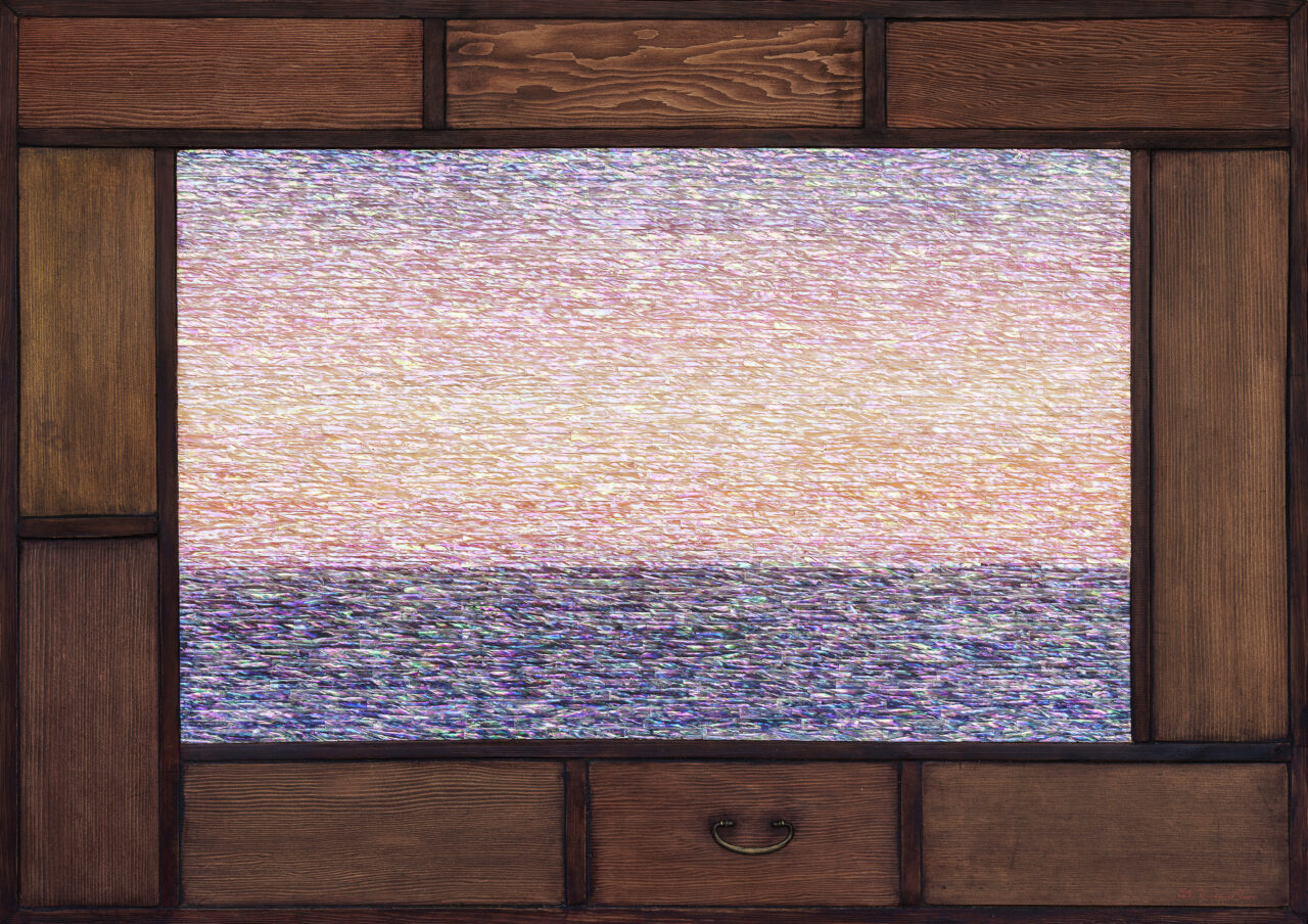 Obscura_Duck Yong Kim, Borrowed Scenery-Gwanhaeeum, 2024, Mother of Pearl and mixed media on wood, 72x100cm