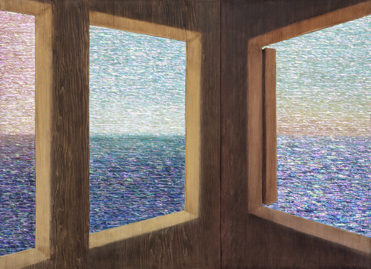 Obscura_Duck Yong Kim, Borrowed Scenery-Gwanhaeeum, 2024, Mother of Pearl and mixed media on wood, 78x110cm