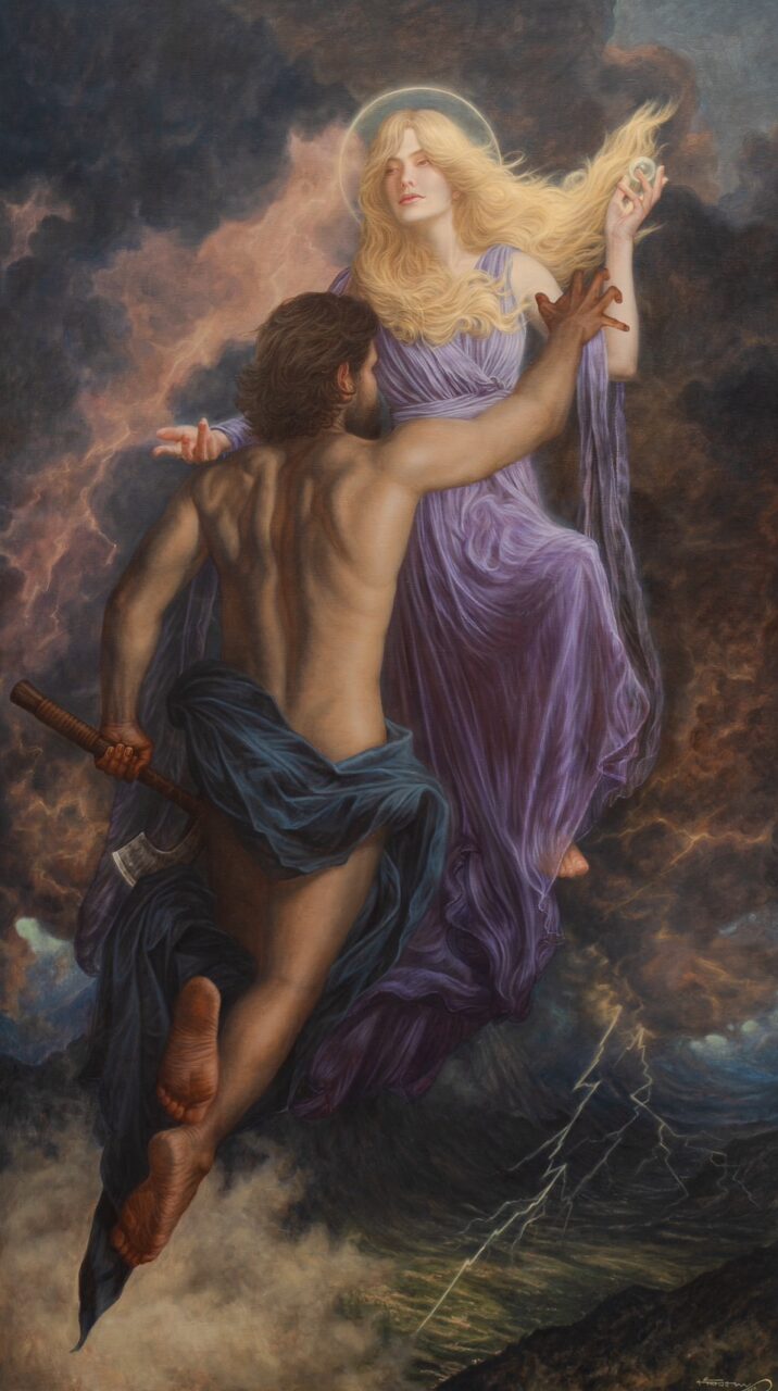 number1gallery_Kongpop Benjanirat, The Goddess of Lightning, 2024, Oil on linen, 230 x 130 cm