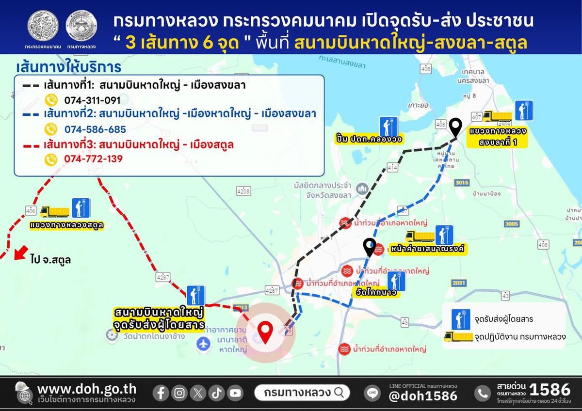 .กรมทางหลวงเปิดจุดรับ-ส่งประชาชน3เส้นทางพร้อมจุดบริการช่วยเหลือผู้ประสบภัย-ขนย้ายข้าวของสงขลา-สตูล.